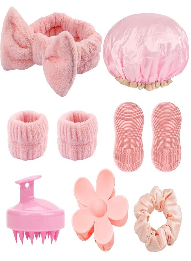 OULIGET 9 Pcs Skincare Headband Set,Include Shampoo Brush,Bath Caps,Flower Hair Clips,Scrunchies,Headbands Wristband, Facial Cleansing Brushes,Headband Set for Face Washing Spa - Image 1